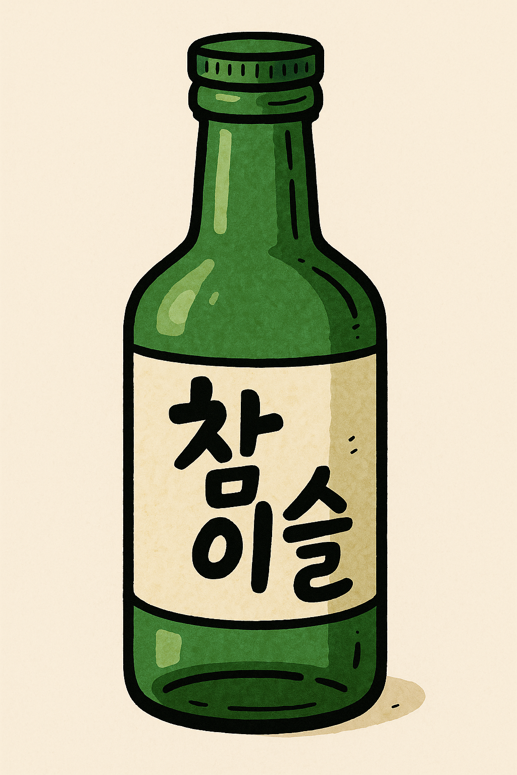 An illustrative caricature of a bottle of Chamisul, a popular Korean soju.