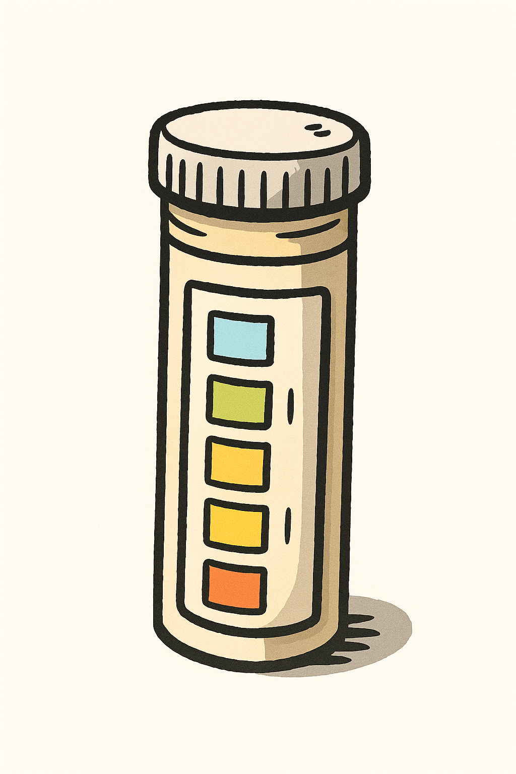 An illustrative caricature of a bottle of urine test strips, showing the color gradient for testing.