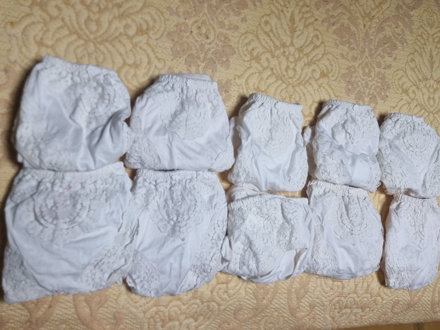 A collection of worn panties from the same Korean brand, still in usable condition after decades.