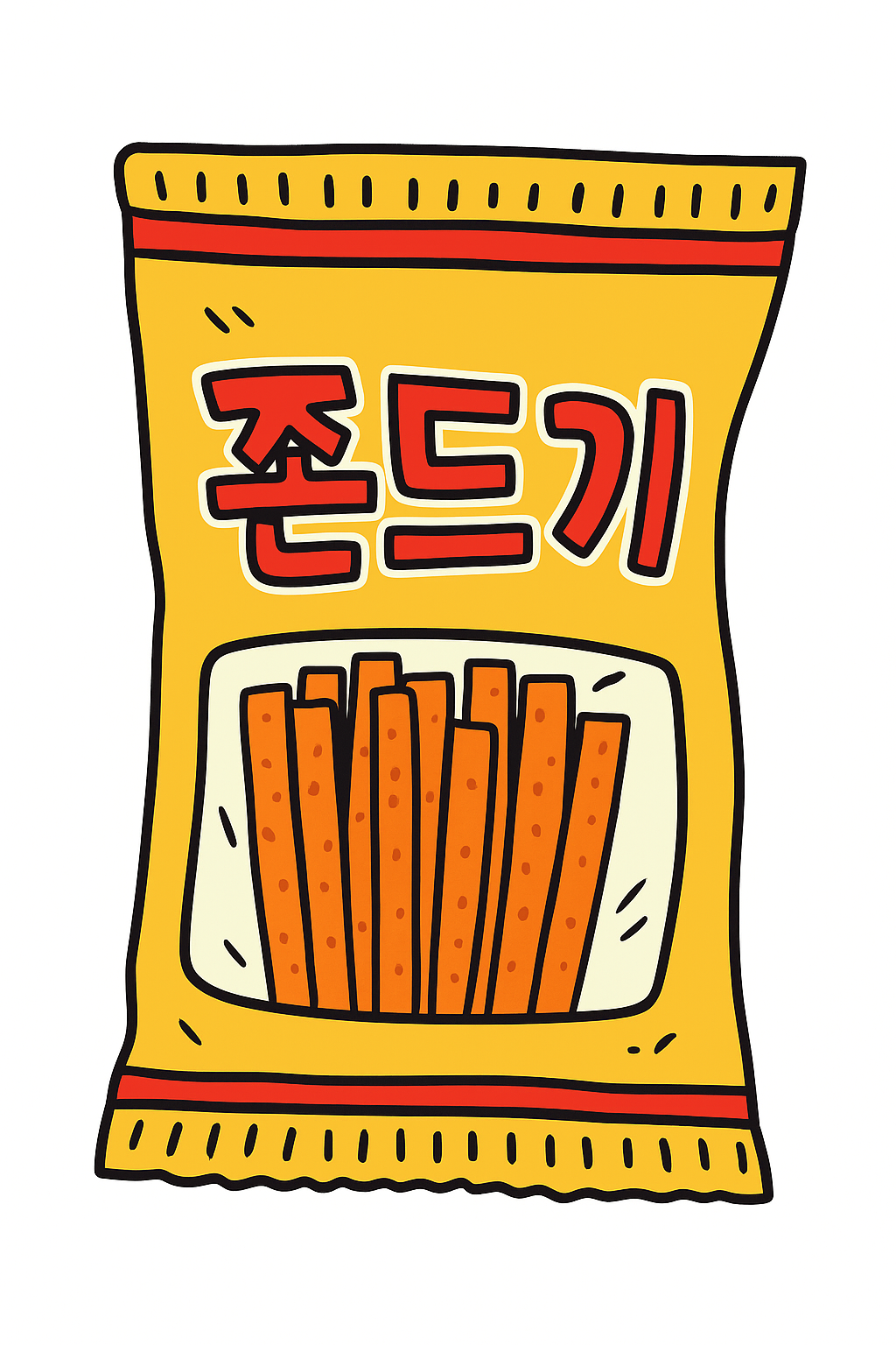 An illustrative caricature of the Korean chewy snack 'Jjondeugi', evoking a sense of nostalgia and a unique textural experience.